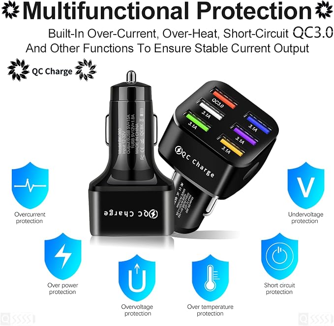 Car Charger Adapter, 6 USB Multi Port, Fast Charger, Include QC 3.0 and 5 Other Ports, Car Interior Accessories, Fit for iPhone 17/16/15/14/13Pro Max, Samsung, Android (Bright Black)