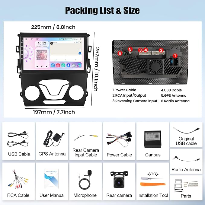 6+128G 8 Core Android 15 Car Radio Stereo for Ford Fusion Mondeo 2013-2019 with Wireless CarPlay Android Auto, 9'' Touchscreen with WiFi GPS Mirror Link Bluetooth FM RDS DSP EQ SWC Backup Camera