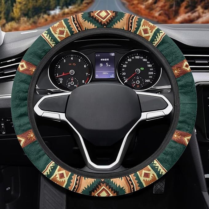 Car Steering Wheel Cover for Women Men, 15 Inch Soft Neoprene Stretch Anti-Slip Washable Car Accessories Universal Fit for Sedans SUV, Southwest Aztec Brown Green