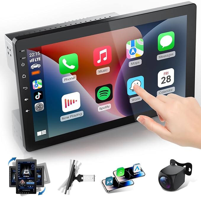 10.1 Inch Single Din 360° Rotatable Car Stereo,Support Wireless CarPlay and Android Auto,with 1080P Rear Camera,Mirror Link|Bluetooth|Music Play|AUX|FM/AM|SWC|RDS,Single DIN Car Stereo Radio