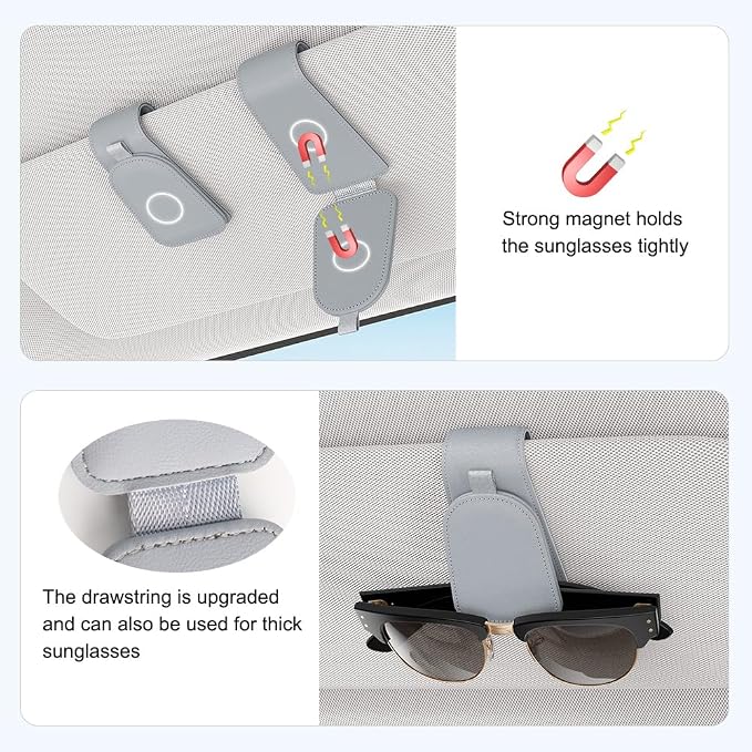 Sunglass Holder for Car Visor, Light Gray, 2 Packs | Suede Cloth, Magnetic, Organizer for Car Accessories