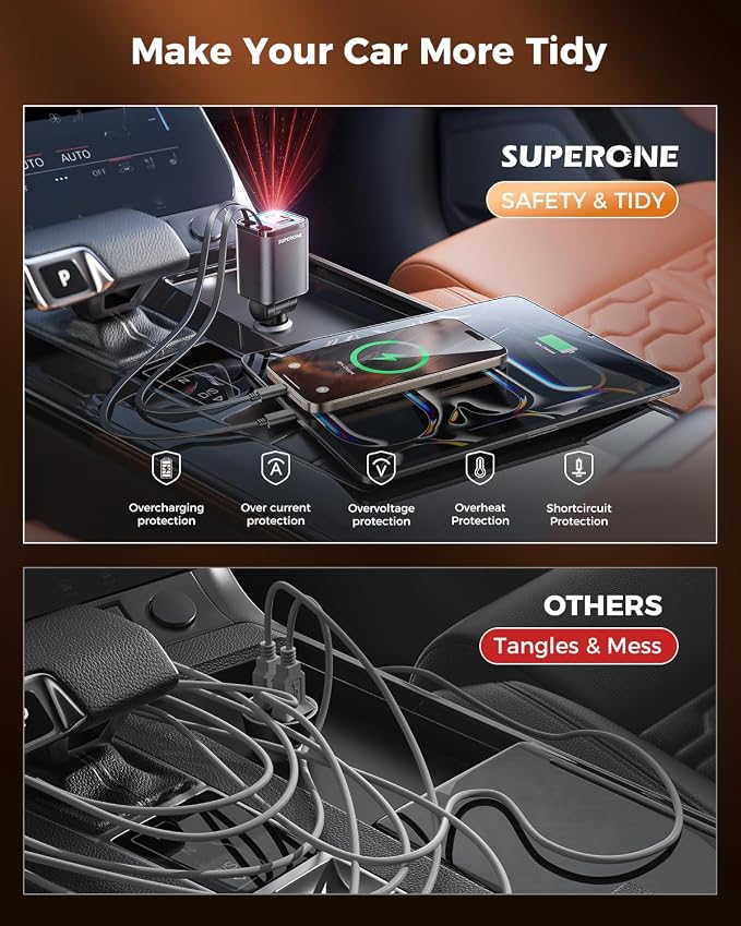 Retractable Car Charger, 69W Car Charger Adapter for iPhone 17 USB C Charger Fast Charging with Starry Light, Car Accessories Compatible with iPhone 17/16/15/14/13/12, iPad, Android, Pixel