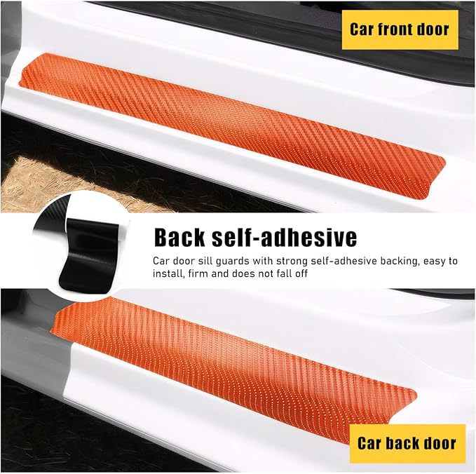 4 PCS Car Door Sill Protectors, Anti Scratch Carbon Fiber Auto Threshold Cover Strips, Decorative Door Entry Edge Scuff Sticker Universal for Most Vehicles, Car Accessories (Orange 3D)