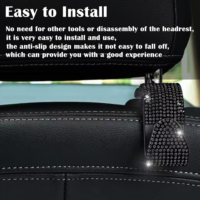 2PCS Car Seat Hooks - Bling Rhinestone Headrest Hooks with Universal Design - Perfect for Holding Handbags, Clothes, Purses, and Water Bottles - Black
