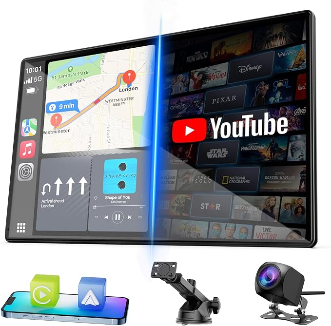 LAMTTO 9" Apple CarPlay Screen with Backup Camera & Streaming Apps | Portable 9-inch display for safer parking, preloaded Netflix YouTube & Bluetooth audio for on-the-go entertainment