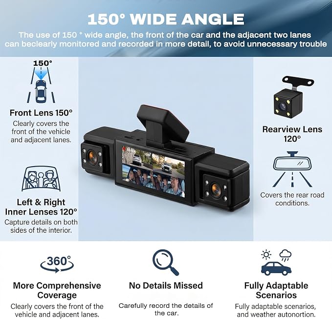 360 Degree View 4 Channel Dash Cam 1080 P Front and Rear Inside, Left and Right Dash Camera for Cars, 3.16 Inch Night Vision, Loop Recording, Exposure Compensation, Reversing Assistance
