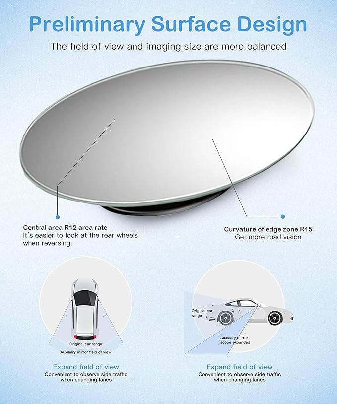 Side Rear View Oval-Shaped Automobile Rear Blind Spot Mirror [Pack od 2 sets], 360 Degree Rotating Design, Automobile Side Mirror Wide Angle Mirror Safety Convex Rearview