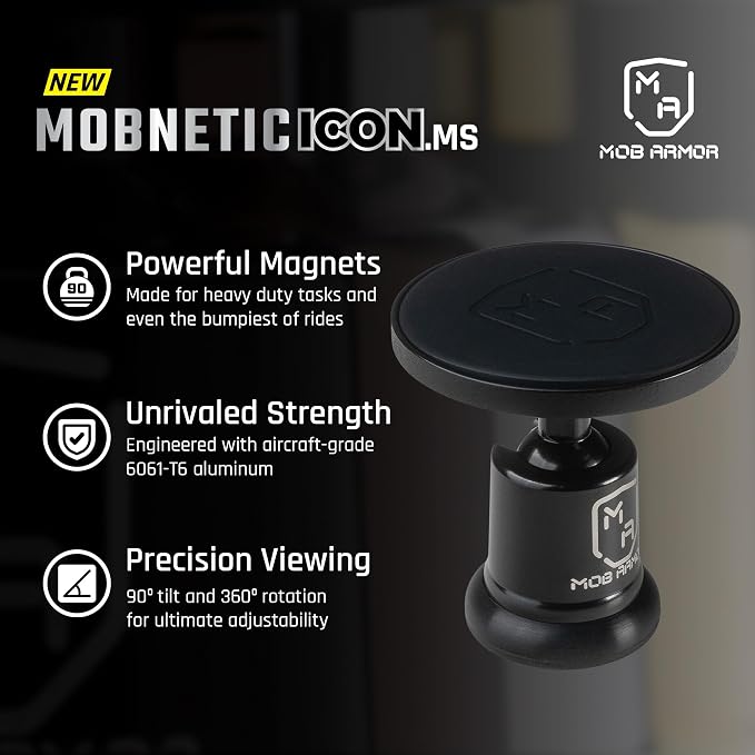 MobNetic Icon.MS MagSafe Compatible Phone Mount, Magnetic Phone Holder for Car w/ 90lb Pull Force, 90º Tilt & 360º Rotation, Aluminum Build, Compatibility for iPhone & Android (Obsidian Black)