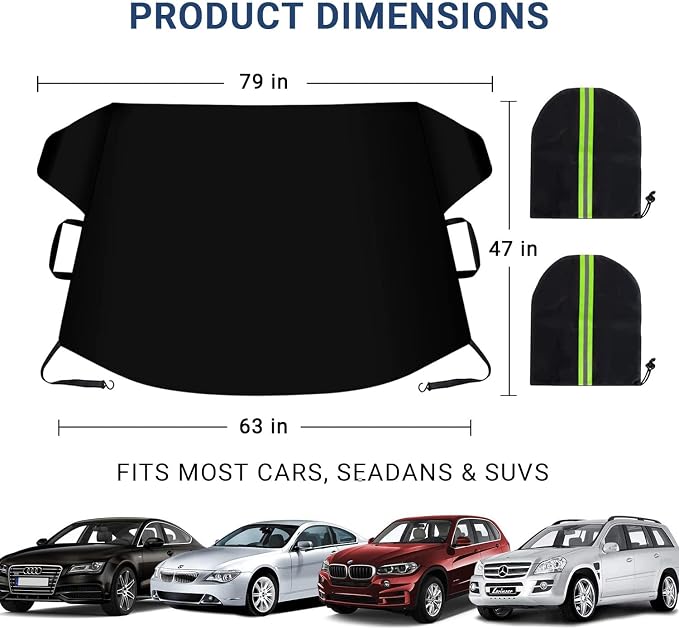 Windshield Cover for Ice and Snow, Car Windshield Snow Cover, Thicken Windshield Frost Cover Waterproof Windshield Snow Ice Cover with Side Mirrors Cover for Most Cars SUVs and Vans (63"x 47")
