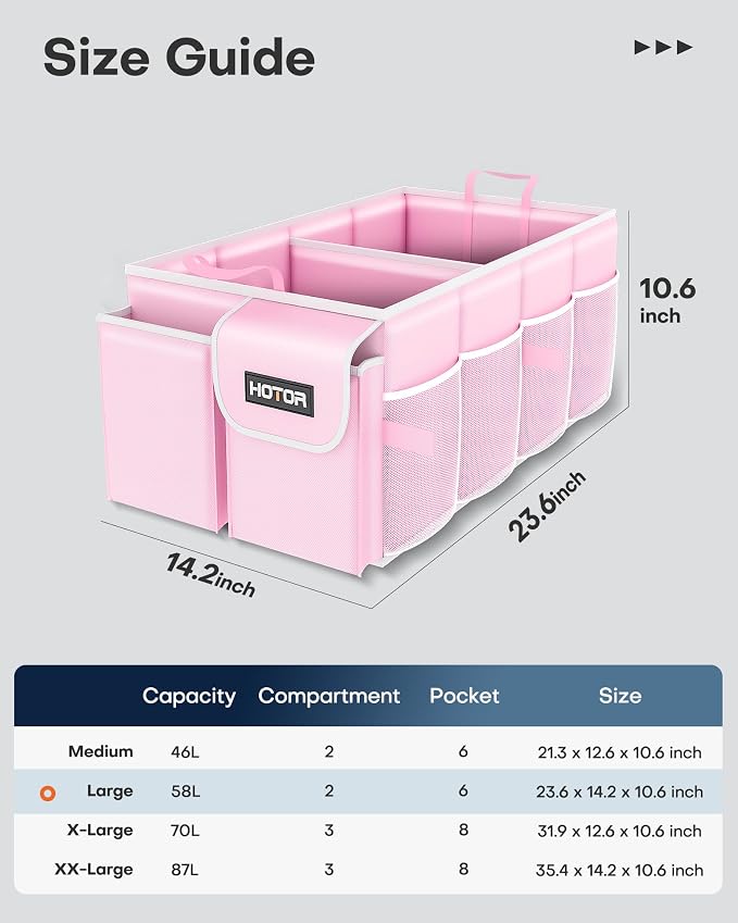 Trunk Organizer for Car - Car Organizer, Foldable Trunk organizer for SUVs & Sedans, Sturdy Organization for Car Accessories, Tools, Sundries, Pink, 2 Compartments, 23.6"×14.2"×10.6"