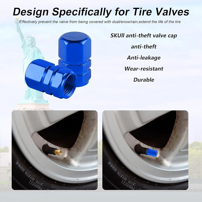 Aluminum Tire Stem Valve Caps Wheel Valve Covers Car Dustproof Tire Cap Cover Accessories, Universal for SUV, Car, Bike and Motorcycle, Hexagon Shape (4PCS Blue)