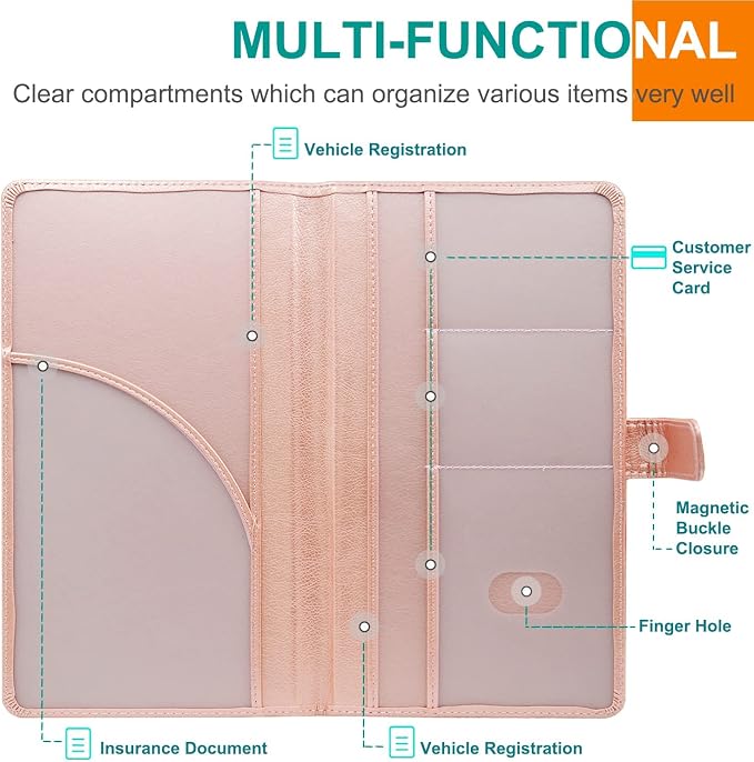 Car Registration and Insurance Holder, Leather Car Glove Box Organizer, Cool Car Accessories for ID, Driver's License Cards & Essential Document, Men&Women, Rose Gold