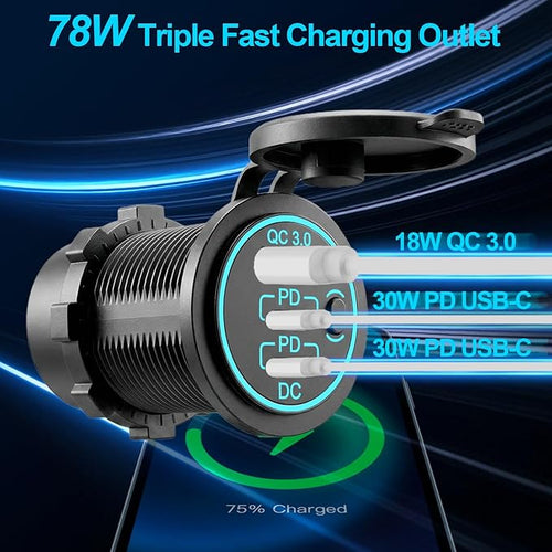 12v usb charger, PD 20W USB-C Power Socket and 18W QC3.0 Socket Waterproof Power Outlet 12V/24V with Power Switch 12V USB C Outlet for Car Golf Cart Boat Marine Bus Truck RV Marine Motorcycle etc.