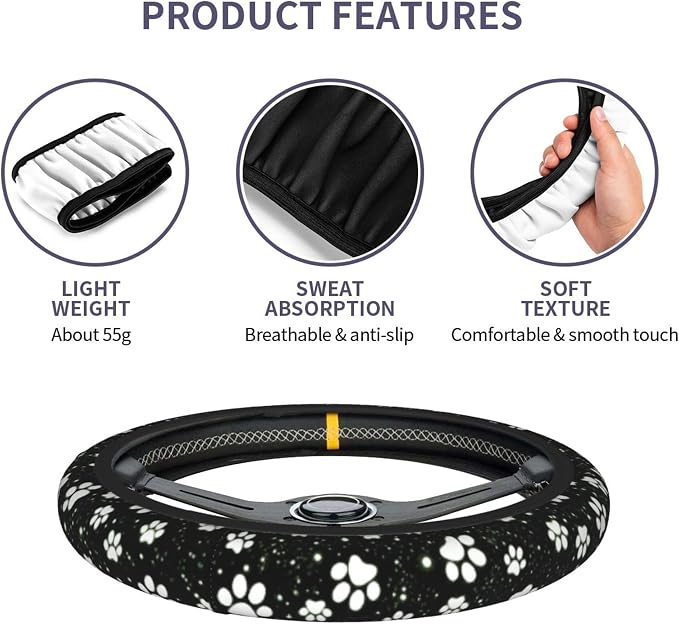 Paw Print Steering Wheel Cover - 15 Inch Black White Dog Paw Steering Wheel Cover Anti-Slip Breathable Universal 2 Pcs Car Interior Cup Holder Pad for Men Women