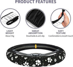 Paw Print Steering Wheel Cover - 15 Inch Black White Dog Paw Steering Wheel Cover Anti-Slip Breathable Universal 2 Pcs Car Interior Cup Holder Pad for Men Women
