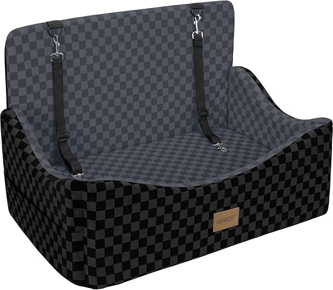 Dog Car Seat for Medium/Large Dogs - Reversible Dual-Sided Travel Dog Car Bed with Memory Foam, Washable Pet Booster Seat for Dogs up to 55 lbs or 2 Small Dogs, 2 Safety Leashes, Dark Grey