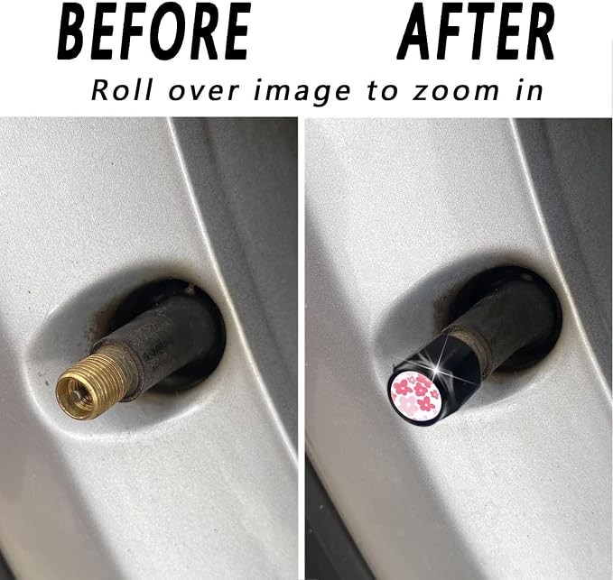 Tire Valve Stem Caps Cover,4 Pcs Metal Black Air Valve Cap, Aluminum Car Wheel Stem Caps,Universal Stem Covers for Cars,Trucks,Bikes,Motorcycles,Corrosion Resistant (Pink Flower)