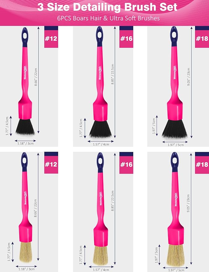 6PCS Car Detailing Brush Set, 3pcs Boars Hair Detailing Brushes, 3pcs Ultra Soft Detail Brush for Leather Seat Air Vents Engine Bay, Detail Brushes Car Detailing for Interior Exterior, Pink