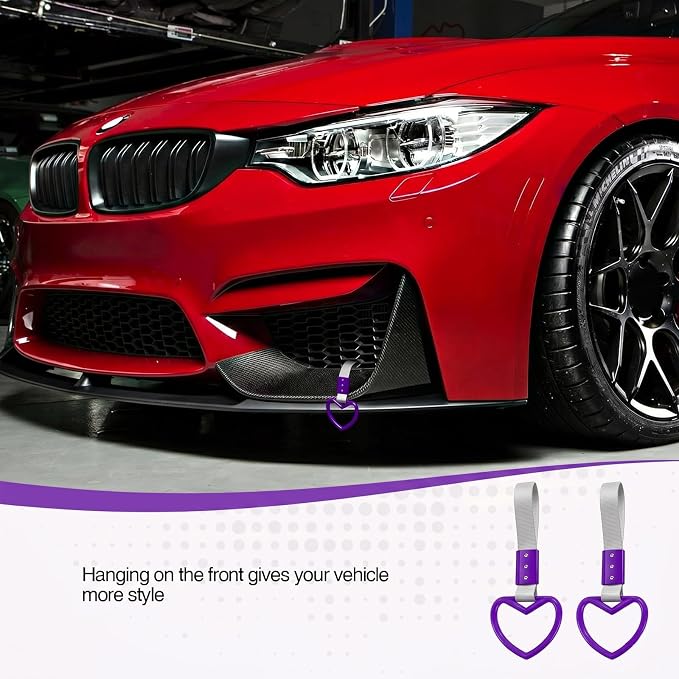 2PCS Heart Shaped Car Handle Straps, Rear Bumper Warning Keychain Ring for Car Exterior Accessories (Purple-Silver)