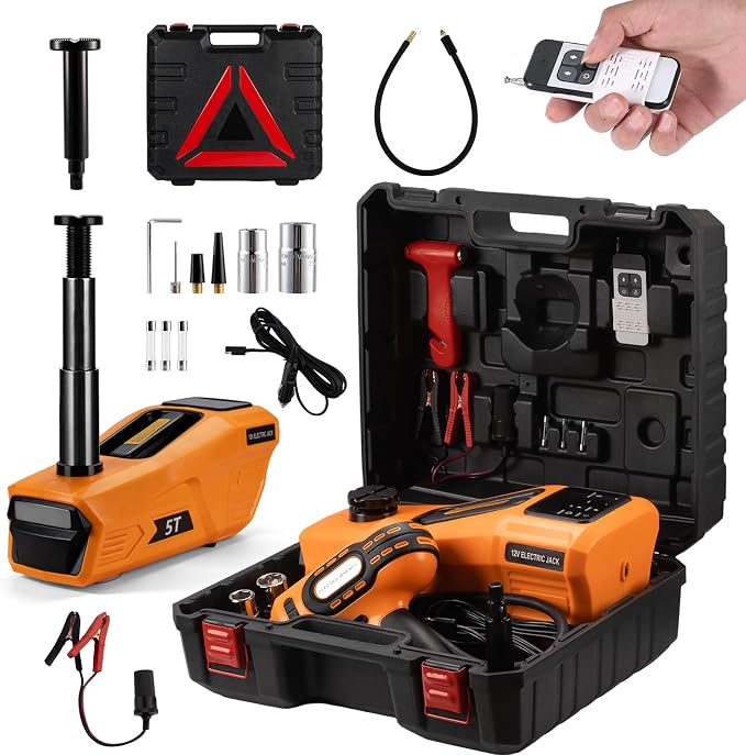 Electric Car Jack Kit 5 Ton 12V Floor Jack Portable Hydraulic Car Jack with Impact Wrench and Tire Inflator Pump for SUV Sedans Tire Change with LED Light, Lifting Height 4.7 to 18 Inch