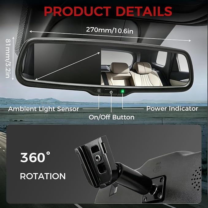 4.3 inch Car Mirror Monitor, 480 x 272 Resolution, 500 cd / m2 HD Reverse Camera System, Camera Monitor Parking Aid with Bracket, Suitable for Trucks and Vans