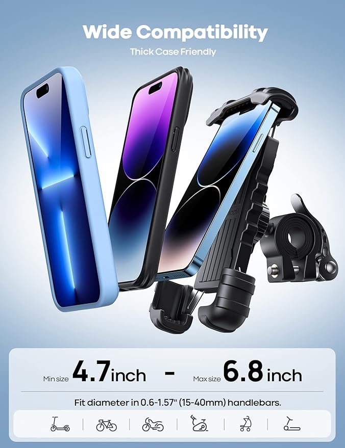 Bike Phone Holder, Motorcycle Mount - Motorcycle Phone Holder, Handlebar Cell Phone Clamp, E-Bike Scooter Phone Clip for iPhone 17 Air Pro Max, 16 15 Plus, S20, 4.7 to 6.8" Smartphones