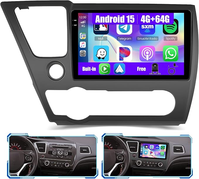 [4+64GB] Android 15 Car Radio for Honda Civic 2013-2017(Only US Version) with Wireless Carplay/Android Auto, 9 Inch HD Touchscreen Car Stereo with GPS WiFi Bluetooth FM/RDS EQ SWC