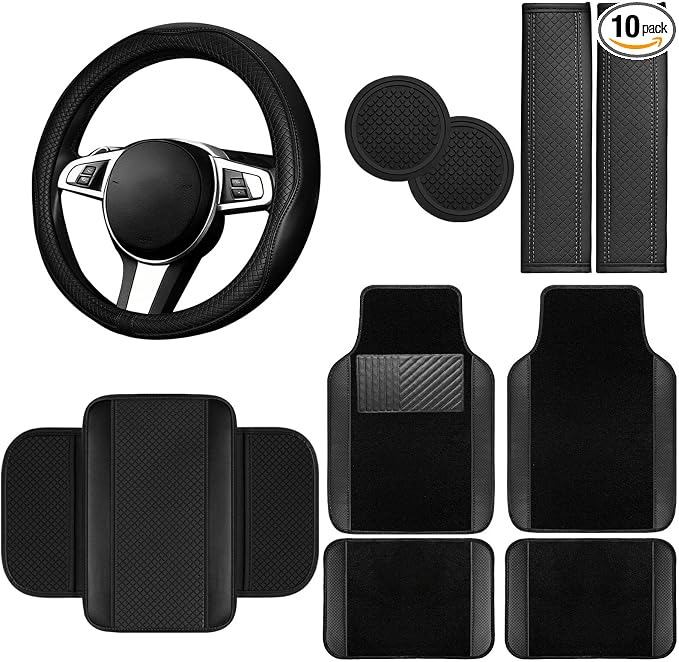 10 Pcs Car Floor Mats Full Set Car Accessories, Microfiber Leather Steering Wheel Covers 14.5-15 inch, Center Console Cover, Seat Belt Pads, Cup Coasters, Universal Interior Decor(Black)
