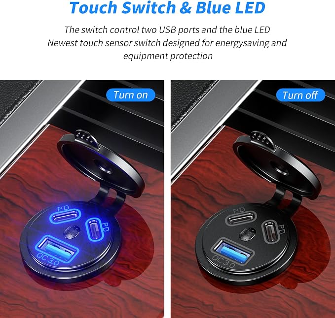 12V USB Outlet Car Charge, 108W Super Fast Dual Charging Port | PD3.0 & QC3.0 3-Port Port for Car, USB C Cigarette Lighter Replacement 12V Socket Waterproof for Marine Motorcycle RV Golf