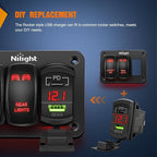 Rocker Switch Style USB Outlet LED Voltmeter Quick connector 12V PD Type C and USB QC 3.0 Cars Replacement with Inline Fuse for Switches Panel on Boats RV Truck Car