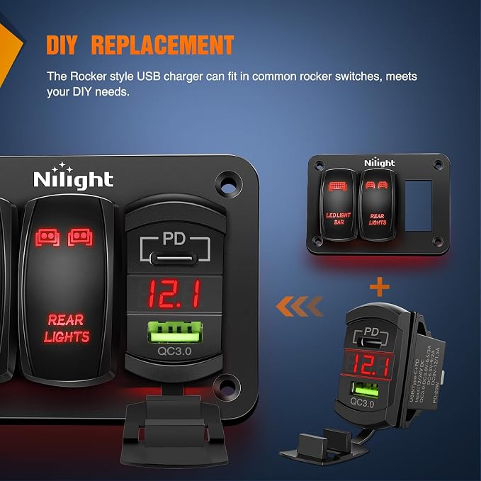 Rocker Switch Style USB Outlet LED Voltmeter Quick connector 12V PD Type C and USB QC 3.0 Cars Replacement with Inline Fuse for Switches Panel on Boats RV Truck Car