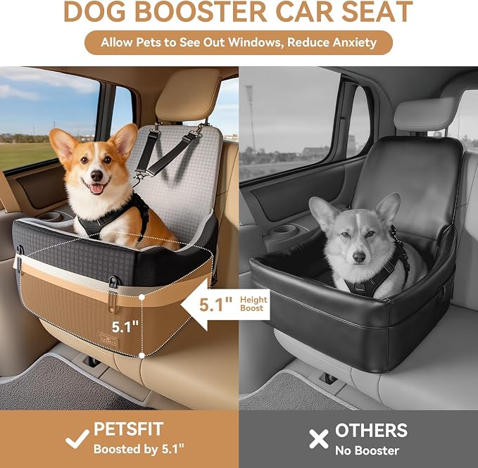 Dog Car Seat for Small/Medium Dogs Up to 35 lbs – Patented Safety System, 5" Memory Foam Pet Booster Car Seat, Fully Detachable and Washable Dog Carseat with 2 Storage Pockets (Black & Grey)