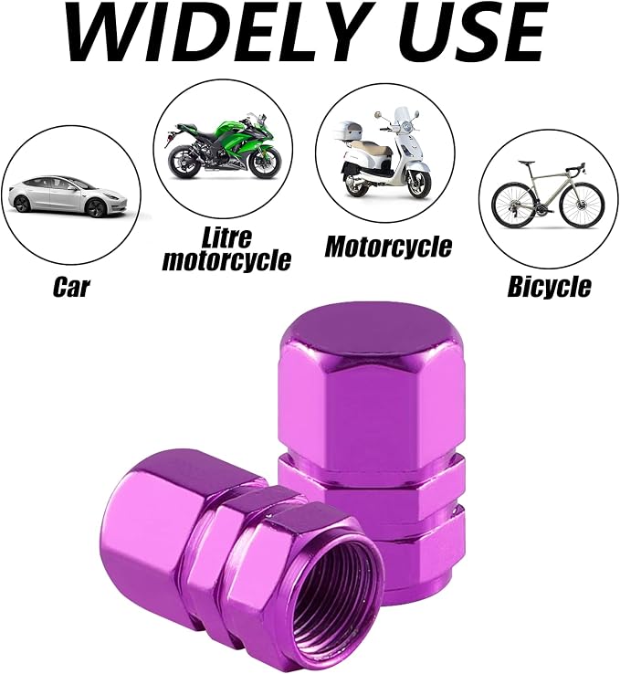 Aluminum Tire Stem Valve Caps Wheel Valve Covers Car Dustproof Tire Cap Cover Accessories, Universal for SUV, Car, Bike and Motorcycle，Hexagon Shape (4PCS Purple)