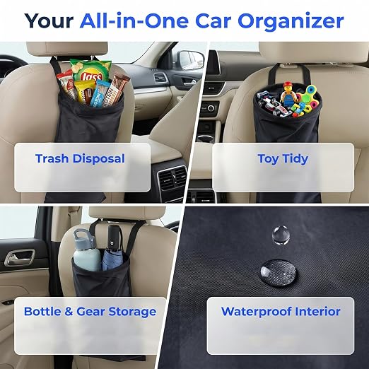 2 Pack Car Trash Bags, Hanging Car Garbage Can with Elastic Top Opening & Detachable Bottom, Waterproof Washable Seat Back Organizer for SUV, Van, Travel, Camping (Black)