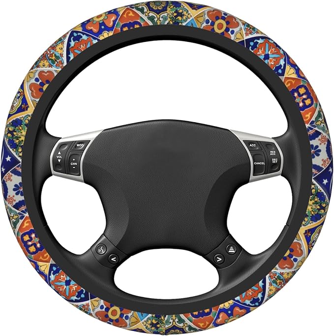Mexican Talavera Tiles Style Steering Wheel Cover Auto Steering Wheel Protector Anti-Slip Breathable and Sweat Absorption Universal Car Accessories15 Inch Fit Auto Sedan Vans Trucks SUV