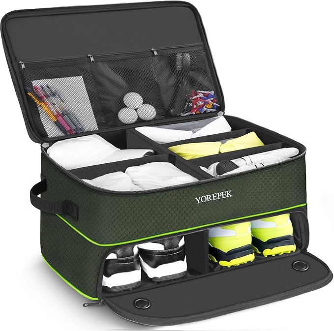 2 Layer Golf Trunk Organizer, Golf Gifts for Men with Separate Ventilated Compartment for 2 Pair Shoes, Waterproof Car Trunk Locker for Balls, Tees, Clothes, Gloves, Gifts for Golfers