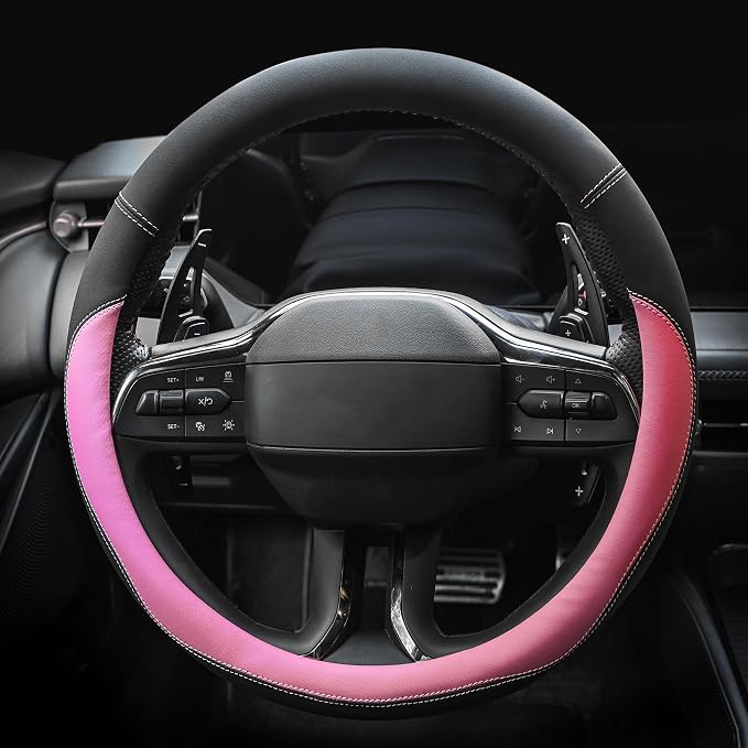 Microfiber Leather Steering Wheel Cover Large-Size for F150 F250 F350 Ram 4Runner Tacoma Tundra Range Rover Model S X with 15 1/2 inches-16 inches Outer Diameter Pink