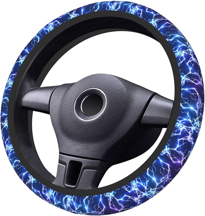 Abstract Blue Cool Lightning Steering Wheel Cover For Women Men Girls Car Accessories Decor Anti-Slip Neoprene Auto Steering Wheel Covers Protector Universal 15 Inch