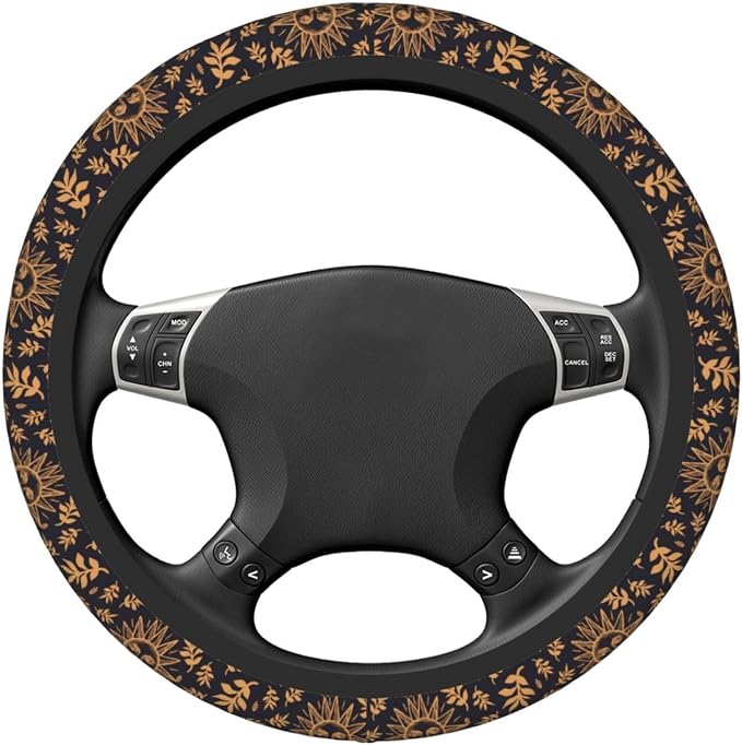 Elastic Sun Moon Leaves Car Steering Wheel Cover Protector Upgrade Thicken,Gold Boho Black,Anti Slip Durable Soft Car Interior Decor for Diverse Cars Truck SUV for Men Women Universal 15 Inch