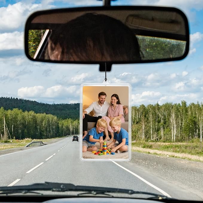 4Pcs Flip-Top Transparent Card Holder Car Hanging Photo Frame with Black Rope, Car Picture Holder Decor, Custom Rear View Mirror Hanging Picture Photo Ornament