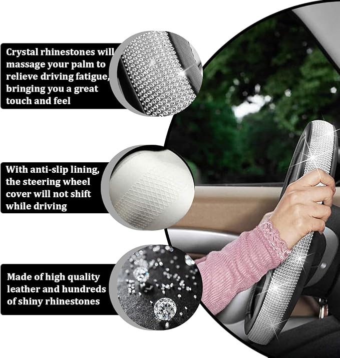 Steering Wheel Cover, Bling Crystal Rhinestones Auto Wheel Protector, Sparkly Cover Universal Fit Diverse 14.5-15 inch Steering Wheel, Interior Decor Car Accessories (White)