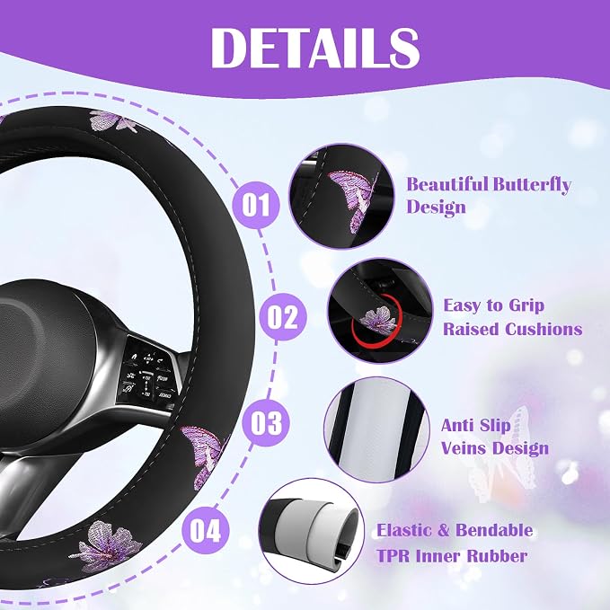 Butterfly Steering Wheel Cover and Waterproof Car Floor Mats,Purple Car Mats 14.5-15inch Steering Wheel Covers Universal Fit for Suvs,Sedans Cars,for Women Girl(Black and Purple)