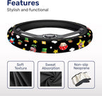 Black Retro Arcade Steering Wheel Cover, Polyester Non-Slip Car Wheel Grip, Universal 15 Inch Auto Accessory