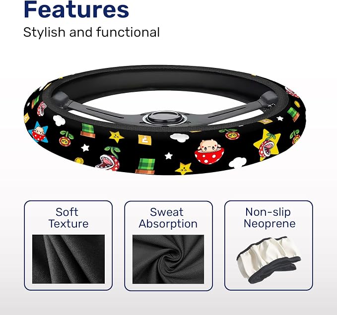 Black Retro Arcade Steering Wheel Cover, Polyester Non-Slip Car Wheel Grip, Universal 15 Inch Auto Accessory