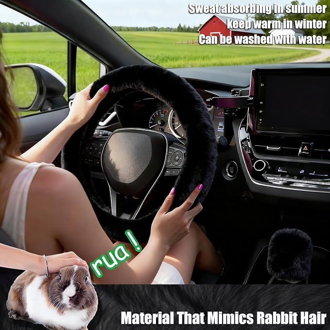 Furry Car Steering Wheel Cover, Heat Absorbing Fluffy Cover, Soft Warm Plush Non-Slip, 14 1/2-15 inch, for Women Girls, Black