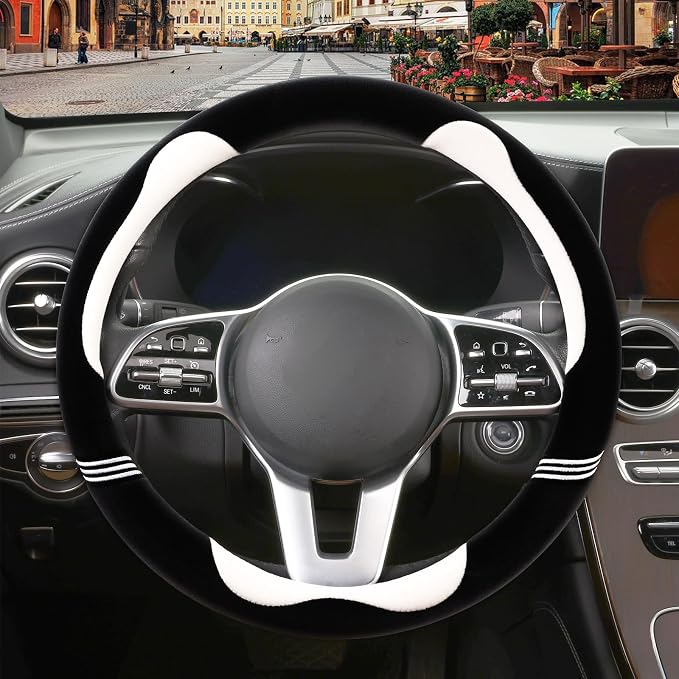 Furry Cute Soft Steering Wheel Cover 15 inch Black with White | Fluffy Short Plush Car Accessories, Non-Slip Cold-Proof Sweat-Proof Colorfast, Universal 14.5 inch to 15 inch