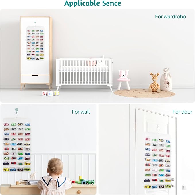 Hanging Organizers for Mini Car Double Sided 80 Pockets Display Case for Toy Cars(Without Toy Cars) (One Piece White)