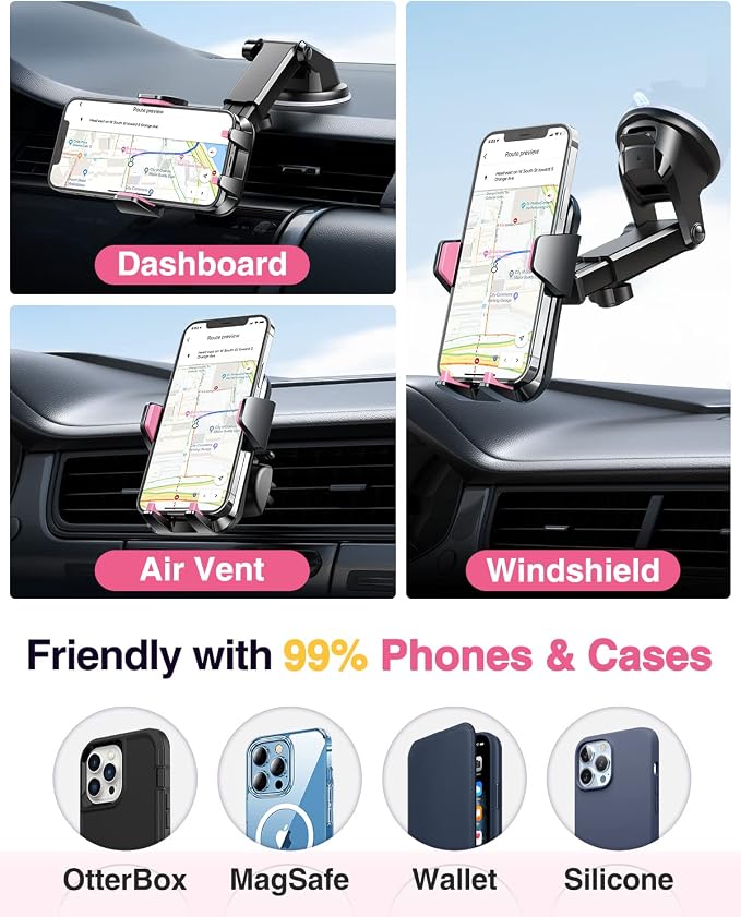 【85+LBS Strongest Suction & Military-Grade Ultimate Car Phone Mount【Patent & Safety Certs】 Cell Phone Holder for Dash Windshield Vent for iPhone 17 Pro Max Automobile Accessory Kits,Light Pink