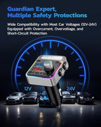 54W Bluetooth 5.3 Car Adapter with 4 Charging Ports [PD 36W & QC3.0 18W], Wireless Radio FM Transmitter with Deep Bass Player & 5 Colors LED Backlit, Hands-Free Calling - Silver