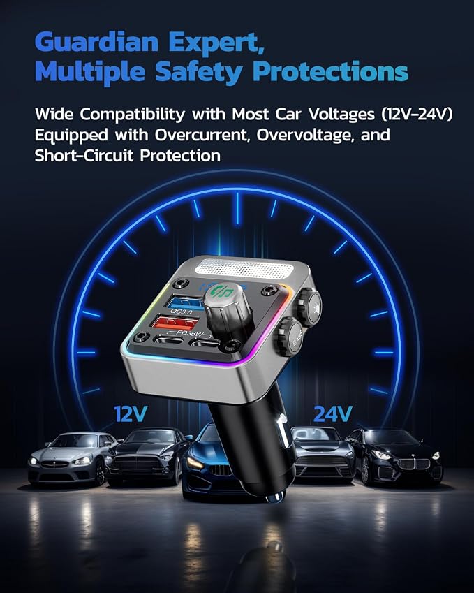 54W Bluetooth 5.3 Car Adapter with 4 Charging Ports [PD 36W & QC3.0 18W], Wireless Radio FM Transmitter with Deep Bass Player & 5 Colors LED Backlit, Hands-Free Calling - Silver